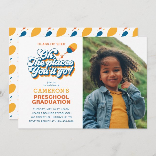 Oh, die Orte, an die du gehen wirst! Retro-Abschlu Einladung (Vorne/Hinten)