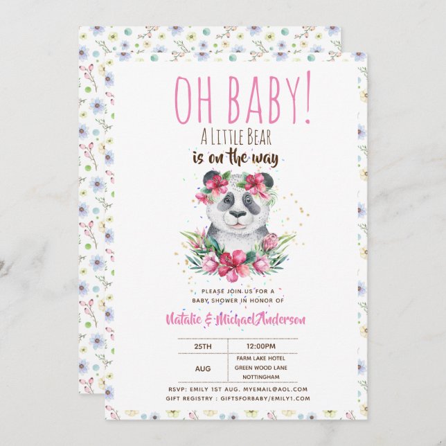 Oh, ein kleiner Bär ist unterwegs Panda Dusche Einladung (Vorne/Hinten)