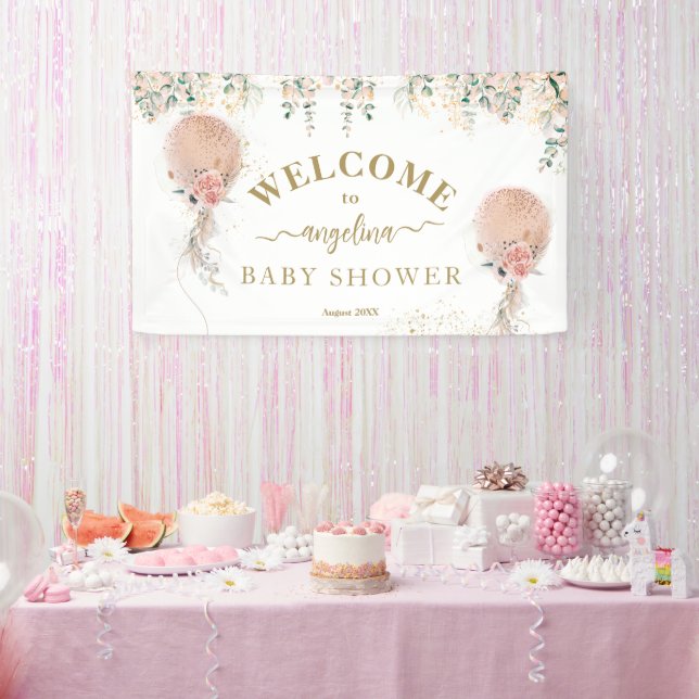 Oh Girl Pink Balloon Floral Eucalyptus Baby Dusche Banner (Party)