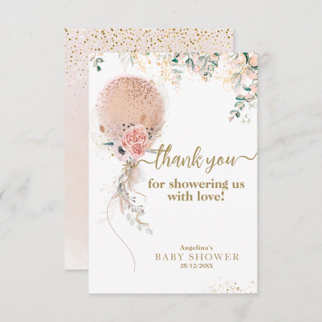 Oh Girl Pink Balloon Floral Eucalyptus Baby Dusche Dankeskarte (Vorne/Hinten)
