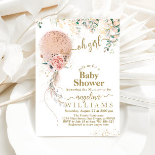 Oh Girl Pink Balloon Floral Eucalyptus Baby Dusche Einladung