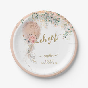 Oh Girl Pink Balloon Floral Eucalyptus Baby Dusche Pappteller