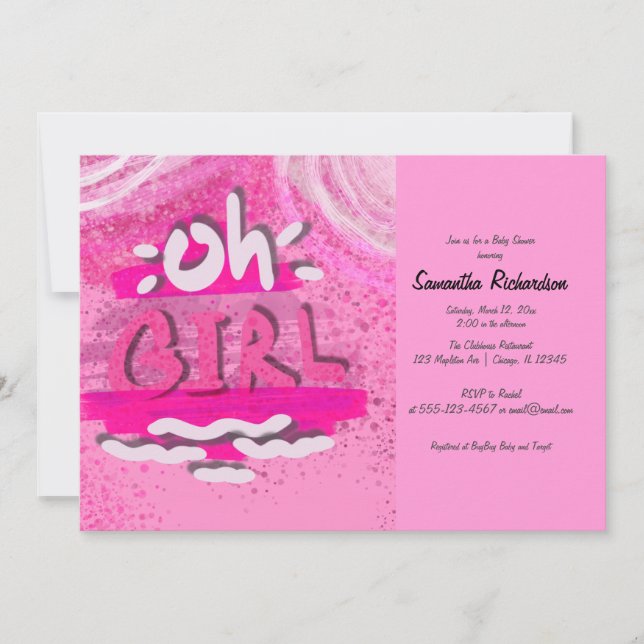 "OH GIRL" | Pink Calligraphy Baby Girl Dusche Einladung (Vorderseite)