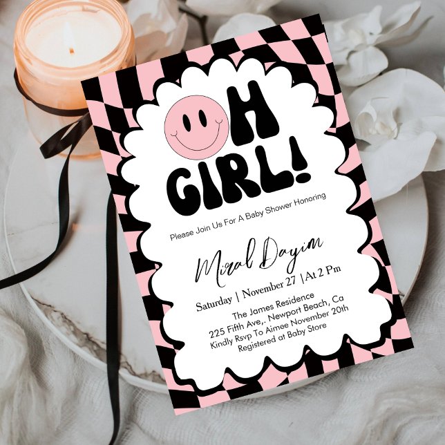 Oh Girl! Pink Checkered Happy Face Baby Shower Einladung (Von Creator hochgeladen)