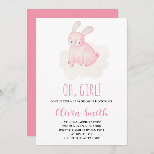 Oh Girl Sweet Bunny Watercolor Babydusche Einladung (Vorne/Hinten)