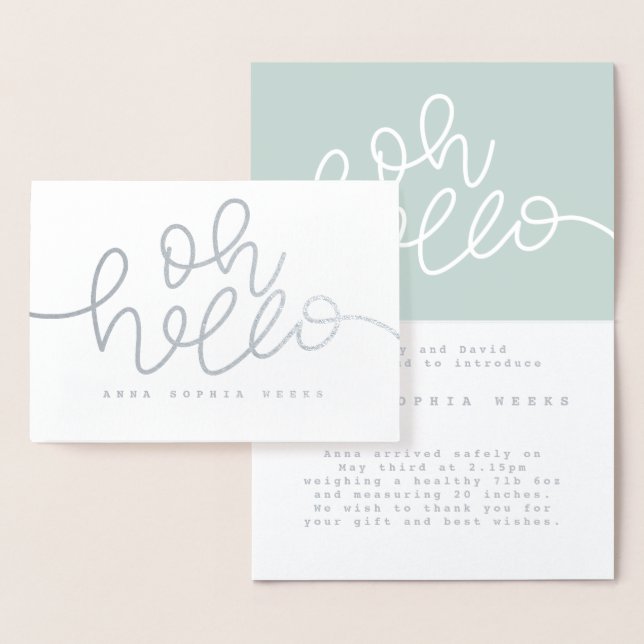 Oh, hallo echte Folie Geburtsankündigung (Minze). Folienkarte (Anzeige)