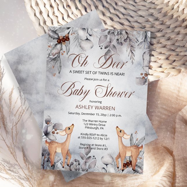 Oh, Hirsch rustikale Winter florale Twins Baby Dus Einladung (Oh Deer Rustic Woodland Twins Baby Shower Invitation)