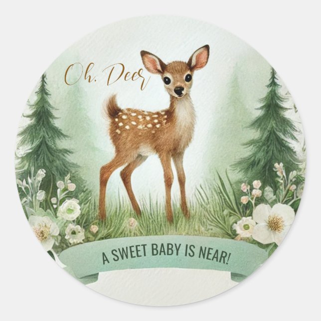 Oh, Hirsch! Woodland Baby Dusche Party Runder Aufkleber (Vorderseite)