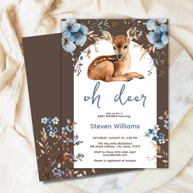 Oh Hirsche niedliche Wald rustikale Blumen Babydus Einladung (Oh deer rustic blue florals with cute forest deer baby shower invitation, gender neutral, woodland )