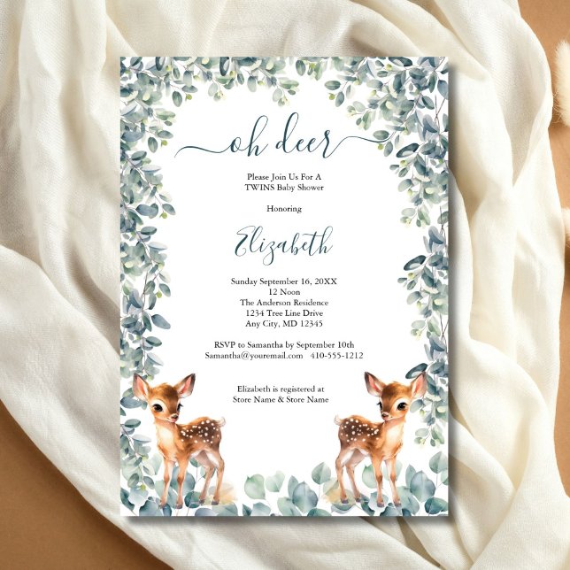 Oh Hirschgeschlechtsneutrale Twins Babydusche Einladung (Oh Deer Twins Baby Shower Invitation, Eucalyptus Greenery, Baby Deer, Printed Digital Download)