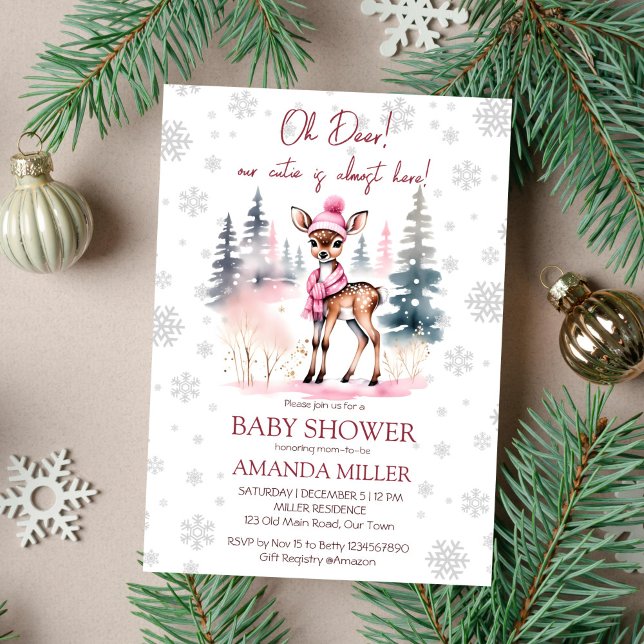 Oh Hirschmädchen Babydusche Einladung (Oh deer winter baby shower editable template invitation instant digital download cute deer in a hat)