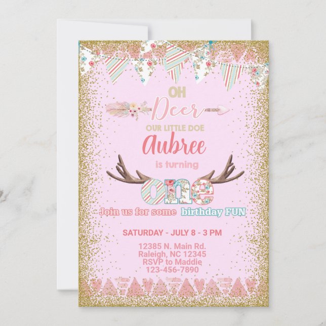 Oh Hirschmädchen Geburtstagseinladung, Kleine. Einladung (Vorderseite)