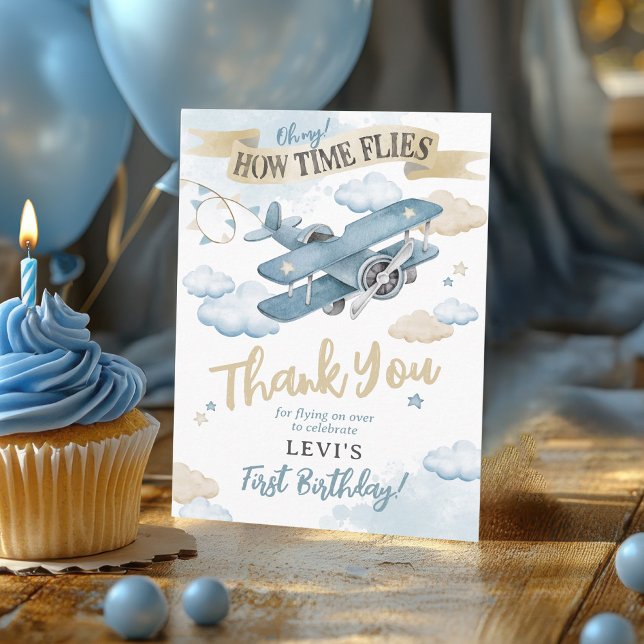 Oh How Time Flies Watercolor Airplane Boy Birthday Dankeskarte (Oh My How Time Flies neutral watercolor blue plane airplane pilot boy birthday party thank you card)