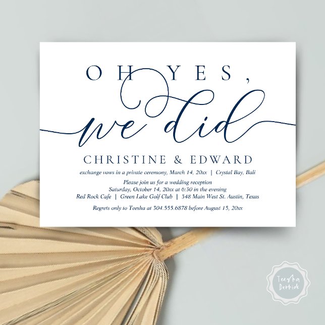 Oh ja, das haben wir getan, das romantische Abende Einladung (Oh Yes, We Did, Wedding Elopement Dinner Invitation Card, PDF, Modern Romantic, in navy Blue)