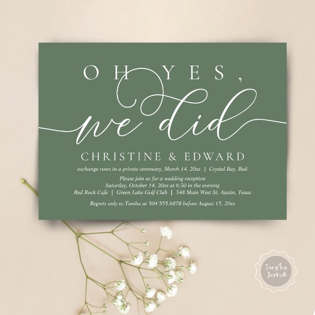 Oh ja, das haben wir getan, das romantische Abende Einladung (Oh Yes, We Did, Wedding Elopement Dinner Invitation Card, PDF, Modern Romantic, in Forest Sage Green)