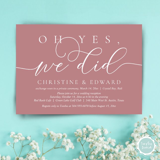 Oh ja, das haben wir getan, das romantische Abende Einladung (Oh Yes, We Did, Wedding Elopement Dinner Invitation Card, PDF, Modern Romantic, in Dusty Rose Pink)