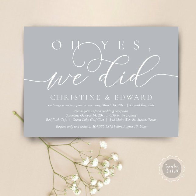 Oh ja, das haben wir getan, das romantische Abende Einladung (Oh Yes, We Did, Wedding Elopement Dinner Invitation Card, PDF, Modern Romantic, in Chill Grey)