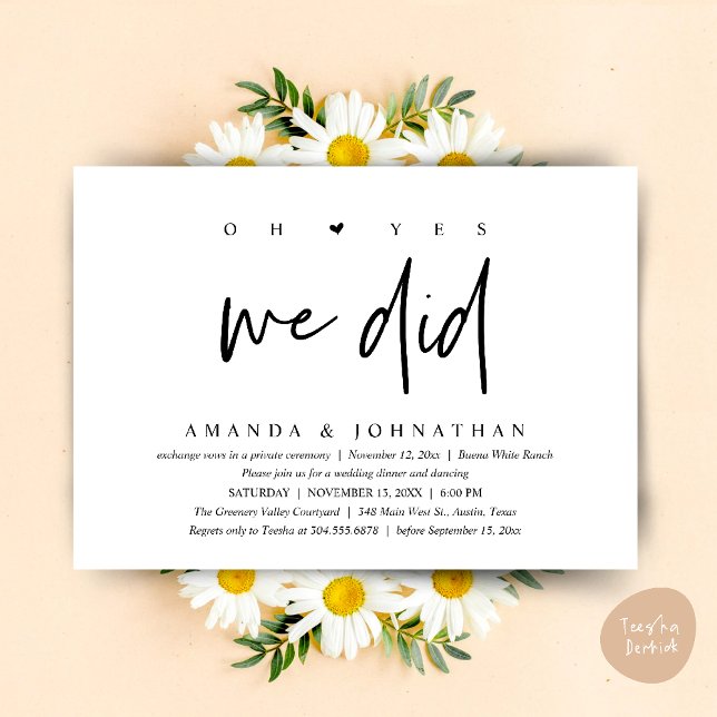 Oh ja, das taten wir, das moderne Abendessen zum H Einladung (Oh Yes, We Did, Modern Wedding Elopement Dinner Modern Clean Invitation Card PDF in Black White)
