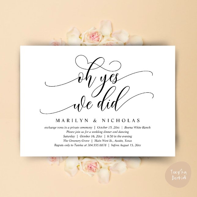 Oh ja, das taten wir, das moderne Hochzeitsessen u Einladung (Oh Yes, We Did, Wedding Elopement Dinner Romantic Modern Party Invitation Card PDF Black White)