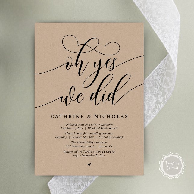 Oh ja, das taten wir, die moderne Rezeption der Sk Einladung (Oh Yes, We Did, Modern Script Wedding Reception Invitation Card PDF Brown Kraft)