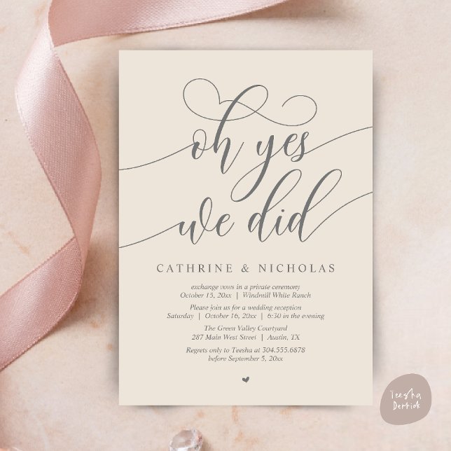 Oh ja, das taten wir, die moderne Rezeption der Sk Einladung (Oh Yes, We Did, Modern Script Wedding Reception Invitation Card PDF Cream Grey)
