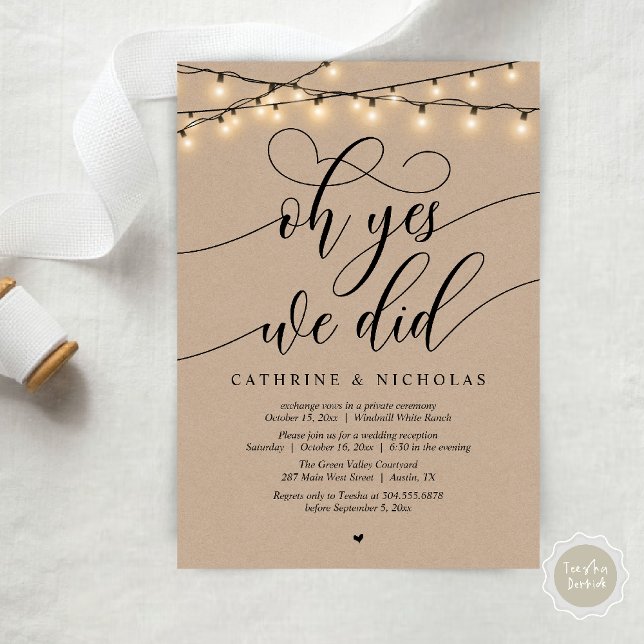 Oh ja, das taten wir, die moderne Rezeption der Sk Einladung (Oh Yes, We Did, Modern Script Wedding Reception Invitation Card PDF Brown Kraft String Lights)