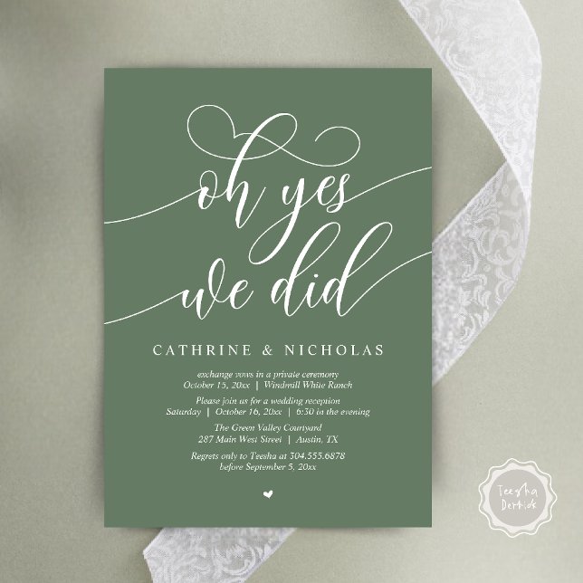 Oh ja, das taten wir, die moderne Rezeption der Sk Einladung (Oh Yes, We Did, Modern Script Wedding Reception Invitation Card PDF Sage Green)