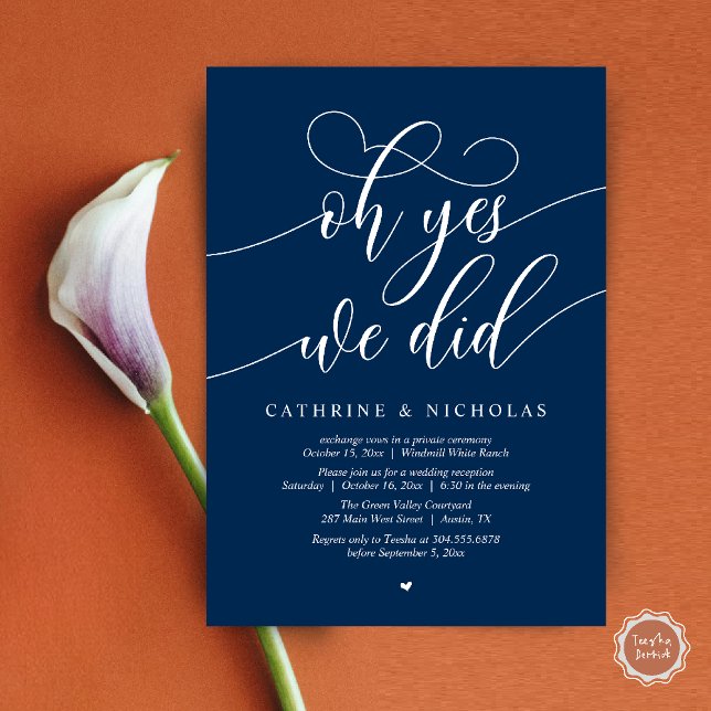 Oh ja, das taten wir, die moderne Rezeption der Sk Einladung (Oh Yes, We Did, Modern Script Wedding Reception Invitation Card PDF Navy Blue)