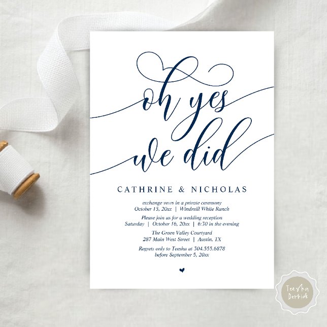 Oh ja, das taten wir, die moderne Rezeption der Sk Einladung (Oh Yes, We Did, Modern Script Wedding Reception Invitation Card PDF Navy Blue)
