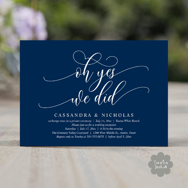 Oh ja, das taten wir, die moderne romantische Hoch Einladung (Oh Yes, We Did, Modern Romantic Modern Wedding Reception Invitation Card PDF Classy Navy Blue)