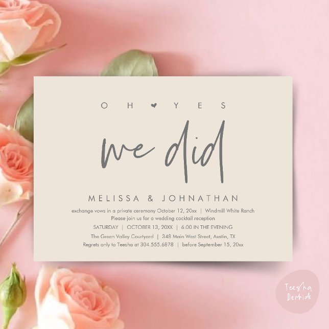 Oh ja, das taten wir, Hochzeitsempfang Dinner Danc Einladung (Oh yes we did, Modern Wedding Reception Dinner Dancing Minimalist Invitation Card PDF Cream Grey)
