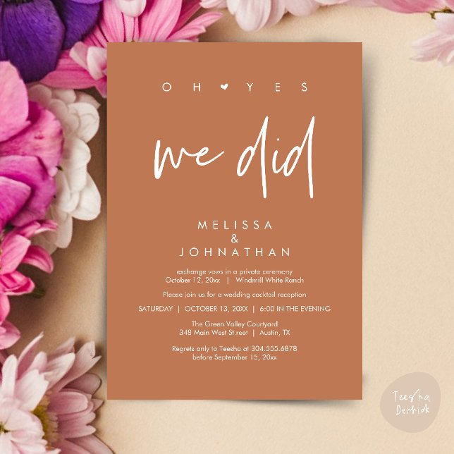 Oh ja, das taten wir, Hochzeitsempfang Dinner Danc Einladung (Oh yes we did, Modern Wedding Reception Dinner Dancing Minimalist Invitation Card PDF Brown Copper)