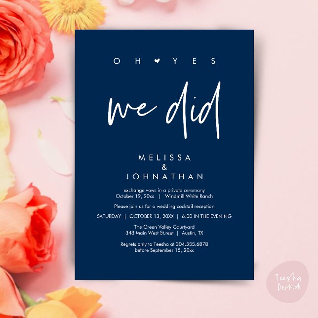 Oh ja, das taten wir, Hochzeitsempfang Dinner Danc Einladung (Oh yes we did, Modern Wedding Reception Dinner Dancing Minimalist Invitation Card PDF Navy Blue)