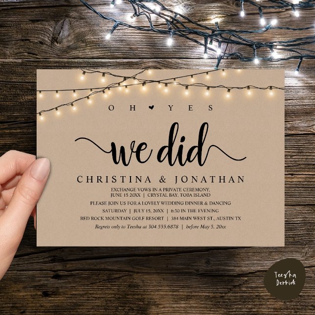 Oh ja, das taten wir, rustikale Hochzeitsfeier Einladung (Oh Yes, We Did, Rustic Wedding Dinner Elopement Invitation Card, PDF, String Lights Brown Kraft)