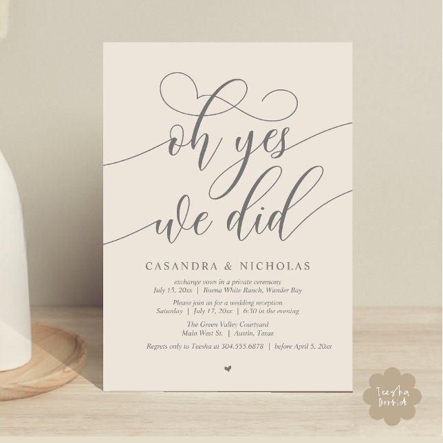 Oh ja, wir haben das getan, das moderne Abendessen Einladung (Oh Yes, We Did, Modern Romantic Modern Wedding Reception Invitation Card PDF Classy Cream Grey)