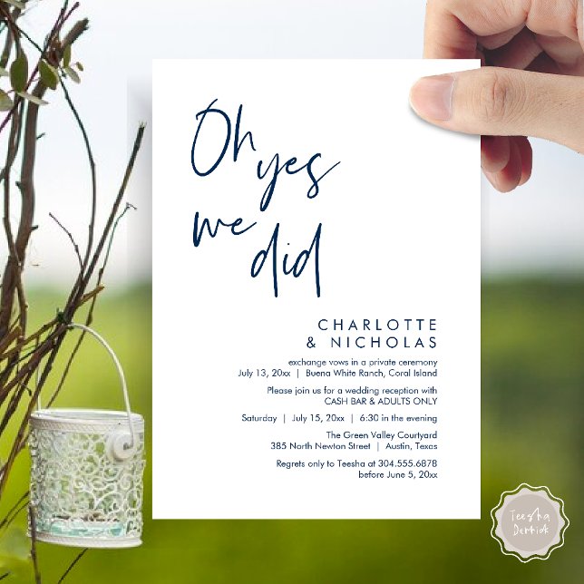 Oh ja, wir haben das getan, Hochzeitsessen Party C Einladung (Oh Yes, We Did, Modern Wedding Elopement Reception Dinner Party Invites Card PDF Navy Blue)