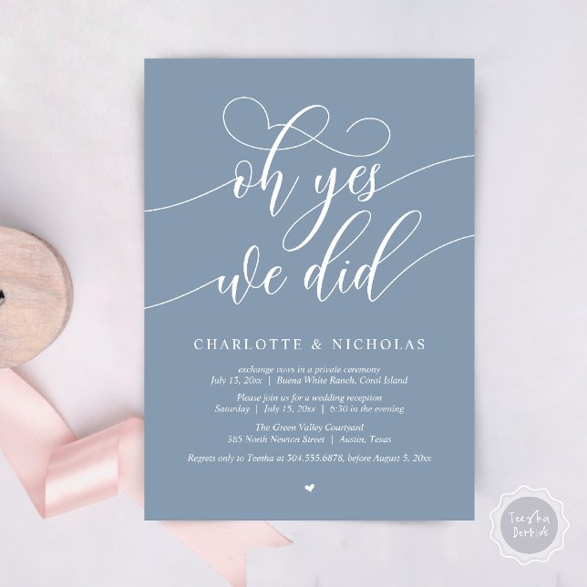 Oh ja, wir haben das getan, Hochzeitsfeier-Abendes Einladung (Oh Yes, We Did, Modern Wedding Elopement Reception Dinner Party Invites Card PDF Dusty Blue)