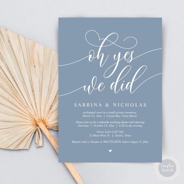 Oh ja, wir haben das getan, Hochzeitsfeier-Abendes Einladung (Oh Yes, We Did, Wedding Elopement Dinner Brunch Lunch Party Invites Card, PDF, Dusty Blue)
