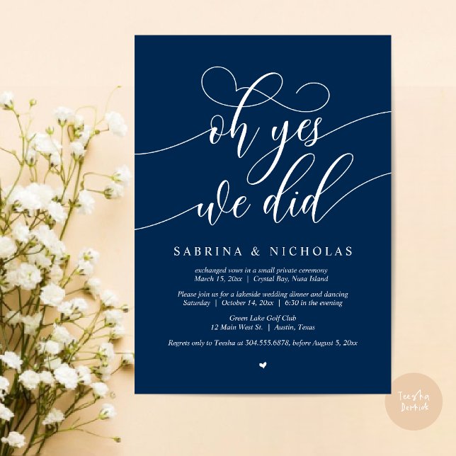 Oh ja, wir haben das getan, Hochzeitsfeier-Abendes Einladung (Oh Yes, We Did, Wedding Elopement Dinner Brunch Lunch Party Invites Card, PDF, Navy Blue)