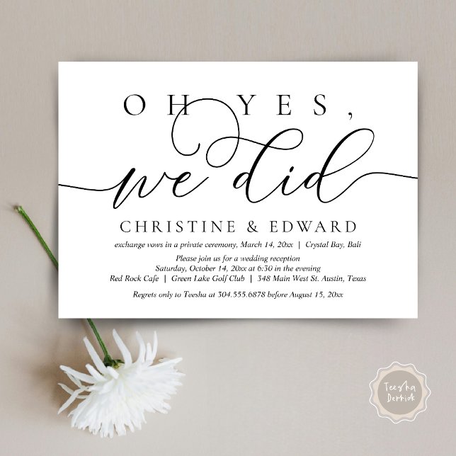 Oh ja, wir haben Hochzeitsfeier eingeladen Einladung (Oh Yes, We Did, Wedding Elopement Dinner Invitation Card, PDF, Modern Romantic, in Black and White)