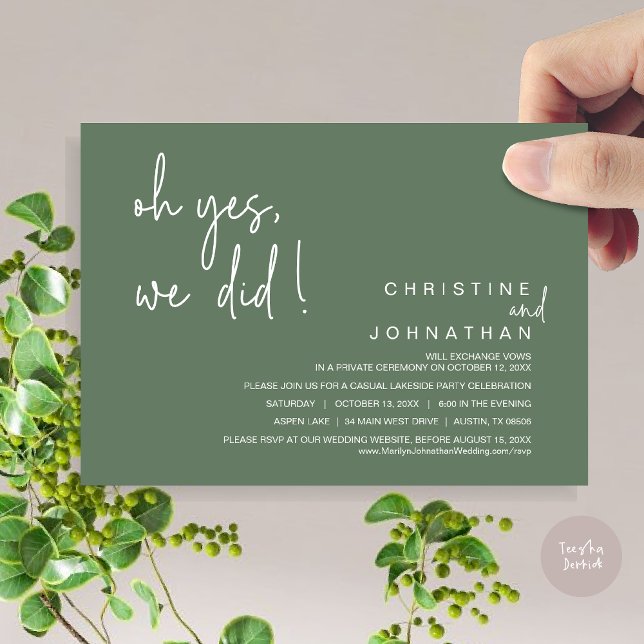 Oh ja, wir haben Hochzeitsfeier gemacht, Grün Einladung (Oh Yes, We Did, Modern Wedding Elopement Dinner Party Invitation Card, PDF, Sage Green)