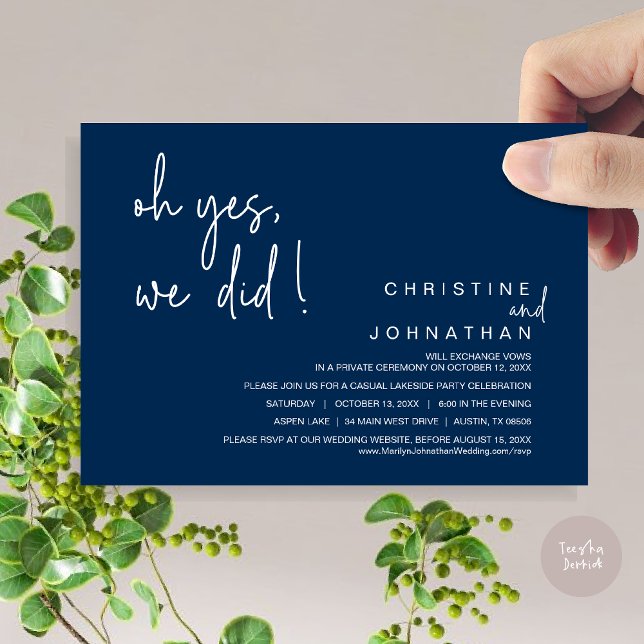 Oh ja, wir haben Hochzeitsfeier gemacht, Navy Blue Einladung (Oh Yes, We Did, Modern Wedding Elopement Dinner Party Invitation Card, PDF, Navy Blue)