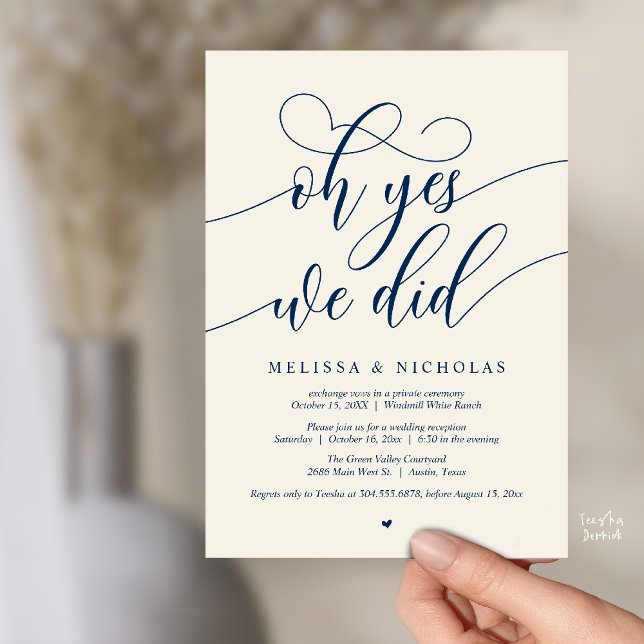 Oh Ja, Wir Haben Moderne Script Flitterwochen Ankü Einladung (Oh Yes We Did Modern Creative Script Elopement Announcement Dinner Card in Navy Blue Ivory)