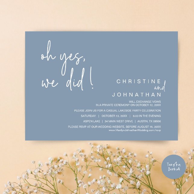 Oh ja, wir taten, Hochzeitsfeier, dumm blau Einladung (Oh Yes, We Did, Modern Wedding Elopement Dinner Party Invitation Card, PDF, Dusty Blue)