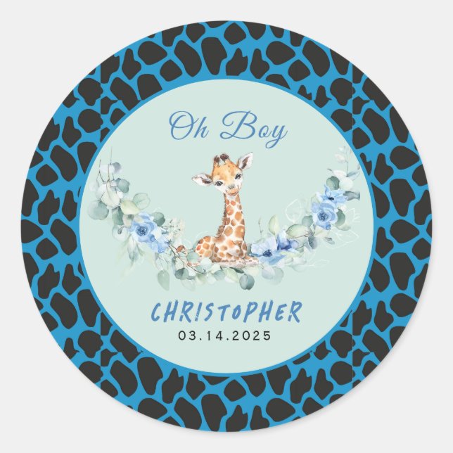 Oh Junge! Baby Giraffe Baby Dusche Runder Aufkleber (Vorderseite)