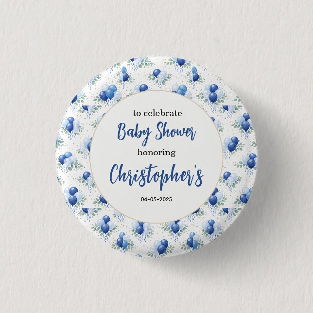 Oh Junge Baby Shower Moderne Eukalyptus Blaue Ball Button (Vorderseite)