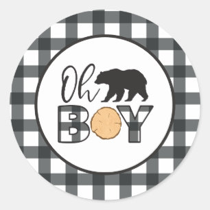 Oh Junge Bär schwarze Buffalo Kariert Baby Shower Runder Aufkleber