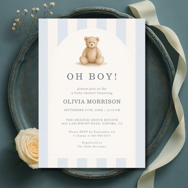 Oh Junge Blau Teddybär Baby Shower Einladung (Von Creator hochgeladen)