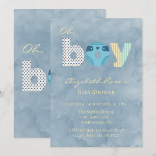 Oh Junge Blaue Aquarell-Windel Baby Shower-Geschen Einladung