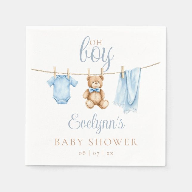 Oh Junge Blaue Wäscheleine Baby Shower Serviette (Vorderseite)